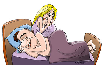 Карикатура про храп. Жене не спится под храп мужа.