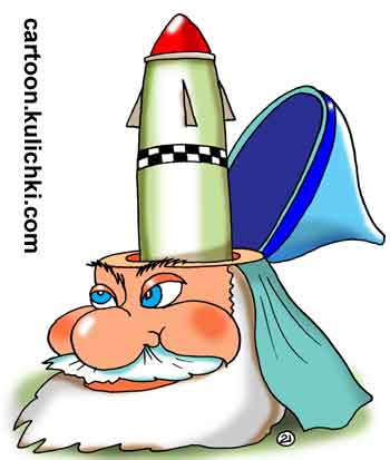 Карикатура о исконно русском оружии – ракете Булава. Ракетная пусковая установка замаскирована под русского былинного богатыря.