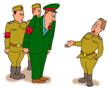 Карикатура о военном патруле. Начальник патруля поймал самовольно покинувшего свою часть солдата.