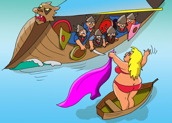 Карикатура о морском сражении. Римляне потопили корабль финикийцев применив секс бомбу. На лодке к вражескому кораблю подплыла обнаженная девушка красавица нарушившая равновесие боевого корабля.