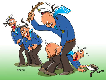 Карикатура о моряках. Боцман щепкой хлещет моряка по голому заду за то , что тот разбил из рогатки лампочку на корабле. 