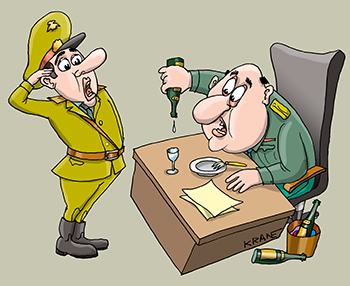 Карикатура про взятки офицерам. Старший по званию требует принести ему выпивку и закуску.