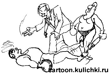 Карикатура о боксерах. Не равный бой со своей супругой. Нокаут скалкой. Жена всегда побеждает. Судья ведет отсчет.