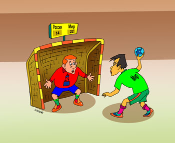 Карикатура о регби. Китайский спортсмен забивает мяч в ворота противника.