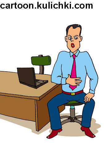 Карикатура о физкультуре на рабочем месте. Клерк делает зарядку в офисе.