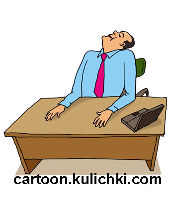 Карикатура о производственной гимнастике. Физкультурные упражнения за офисным столом выполняет клерк. Вращение головы. 