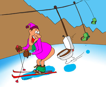 Карикатура о катании на горных лыжах. Отдых в горах не мыслим без удобств. Эскалатор поднимает лыжников на гору. На унитазе время летит не заметно.