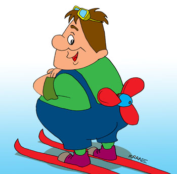 Карикатура о Карлсоне. Карлсон который живет на крыше катается на лыжах с пропеллером. Аэролыжи.