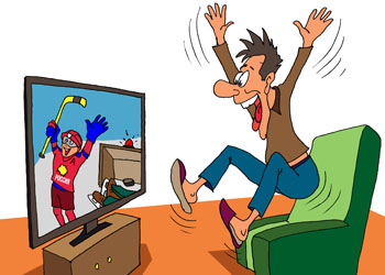 Карикатура о болельщике за телевизором. На экране олимпийские игры. Наши выигрывают хоккейный мачт.