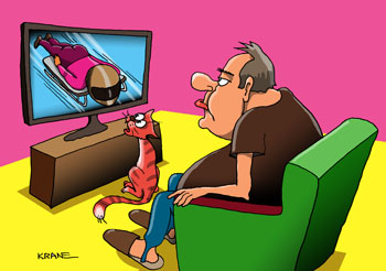 Карикатура об олимпиаде. Обыватель смотрит по телевизору олимпиаду. На экране телевизора скелетон. Кот смотрит игры с большим интересом.