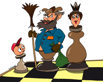 Карикатура о шахматах. Шахматный король по совместительству подрабатывает дворником. Шахматная королева покупает себе новые наряды на зарплату дворника. Внуки пешками любят играть.