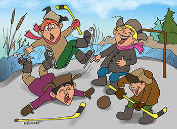 Карикатура про игру в хоккей. Мальчишки играют в хоккей с клюшками и мячом на льду озера.