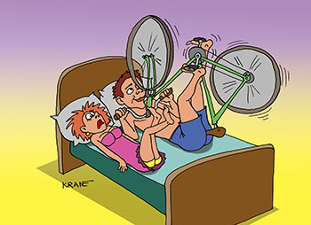 Карикатура про упражнение велосипед. Упражнение велосипед можно делать по утрам в постели. Крутим ногами педали в воздухе со скоростью 30 километров в час.