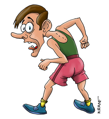 Карикатура про бег. Бегун на старте в растерянности и в испуге.