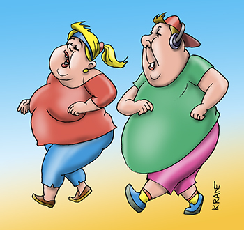 Карикатура про бег чтобы похудеть. Толстые люди мучительно бегают, пытаясь похудеть.