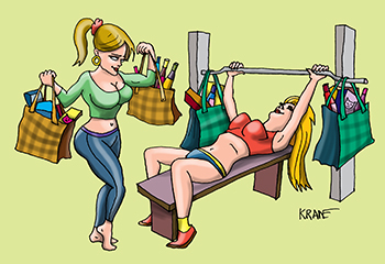 Карикатура про тренажерный зал. Девушки в тренажерном зале тренируются с тяжелыми сумками. Тренировки помогают из магазина таскать покупки домой.
