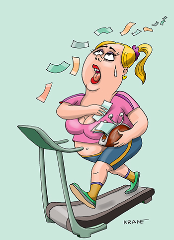 Карикатура про фитнес. Девушка занимается на беговой дорожке. Худеет ее кошелёк.