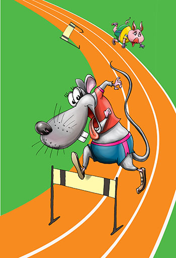 Карикатура про крысу. Крыса бежит бег с препядствиями.