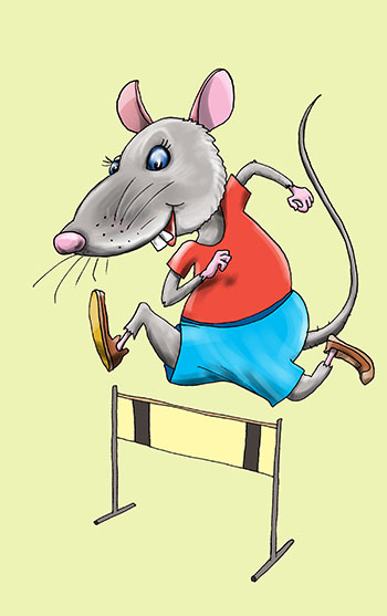 Карикатура про крысу. Крыса бежит бег с препядствиями.
