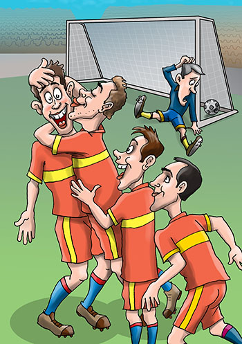 Карикатура про обнимашки после гола. Забили гол. Мяч в воротах. Футболисты обнимают и целуют нападающего.