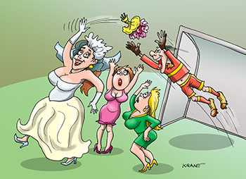 Карикатура про букет на свадьбе. Невеста через плечо кидает букет. Кто поймает букет, тот скоро женится или выйдет замуж. Кому как повезет. Вратарь имеет явные преимущества.