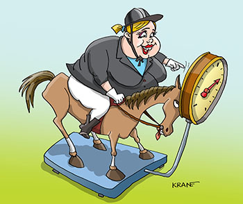 Карикатура про конный спорт. Жокей на лошади. Девушка занимается верховой ездой, чтобы похудеть. Лошадь похудела, а девушка нет.