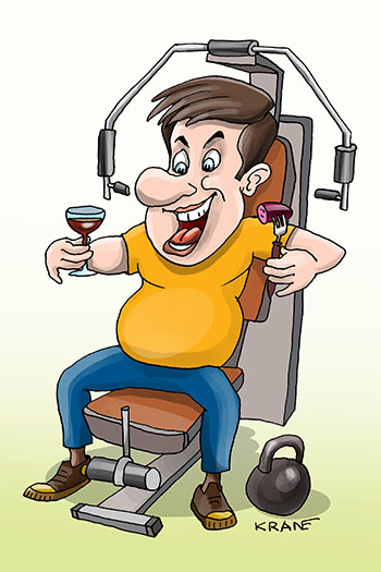 Карикатура про тренажерный зал для алкоголиков. Мужчина на тренажере занимается. Пьет рюмочку коньянка и закусывает сосиськой.