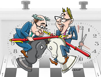 Карикатура про шахмматы. Два журналиста играют в шахматы как рыцари на конях.