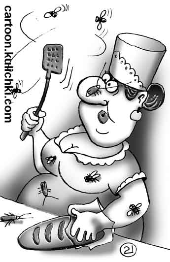 Карикатура про санитарную гигиену в хлебном магазине. В булочной полно мух и тараканов. Продавец берет батон не голыми руками. 