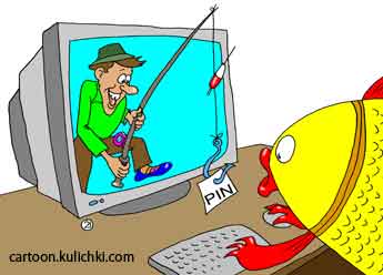 Карикатура про хакера. Хакер с удочкой хочет подцепить крупную рыбу. Взломать пароль банковских счетов.