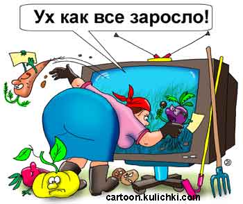 Карикатура про засорение телевидения. Женщина пропалывает телевизор от сорняков. Все по заросло. Эфир засорен.