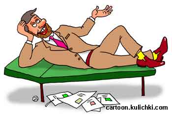 Карикатура про психолога. Психоаналитик лежит на кушетке.
