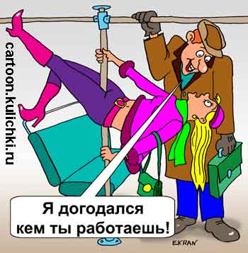 Карикатура о профессиях. Парень знакомится девушкой в автобусе и потому как она держится за шест он понял что она работает в стриптизных танцах на шестах