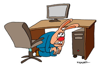 Карикатура о страхе офиса. Служащий боится работать в офисе. Страх офиса. Залез заяц под стол и дрожит.