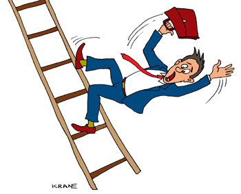 Карикатура о падении на работе. О страхе потерять работу, упасть со служебной лестницы, лишиться карьеры.