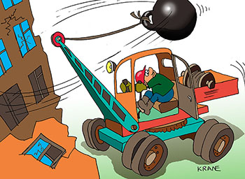 Карикатура о сносе жилья. Эксковатор с гирей ломает ветхое и аварийное жилье.