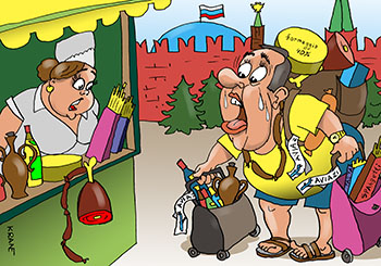 Карикатура о итальянских продуктах. Русский бизнесмен решил вернуться на Родину и привез с собой итальянские продукты. В москве он обнаружил. что зря вез продукты - в Москве все что хочешь продается.