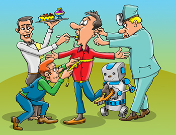 Карикатура про улиента. Клиента обслуживают специалисты и робот.