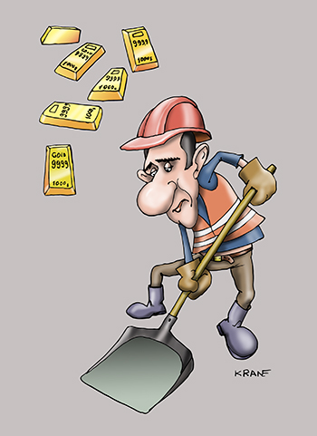 Карикатура про рабочего с лопатой. Дорожный рабочий раскидывает лопатой золото в дорожное полотно