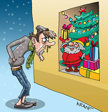 Карикатура про Новый год. Бедняк смотрит на витрину ярко сияющей огнями гирлянд. Елка и Санта Клаус с подарками.