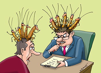 Карикатура про тараканов в голове. Психолог и пациент на приёме с тараканами в голове.