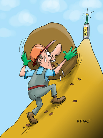 Карикатура про работу и выпивку. Рабочий катит камень на гору. На вершине горы бутылка