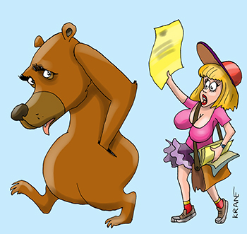 Карикатура про рекламные листовки. Девушка раздает рекламные листовки. Медведь проходит мимо.